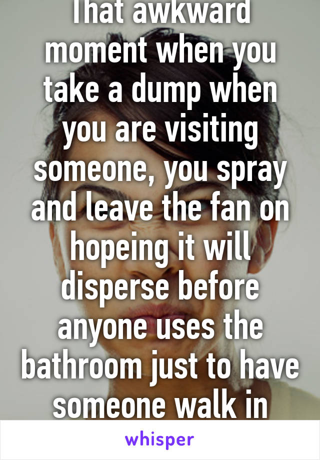 That awkward moment when you take a dump when you are visiting someone, you spray and leave the fan on hopeing it will disperse before anyone uses the bathroom just to have someone walk in right after