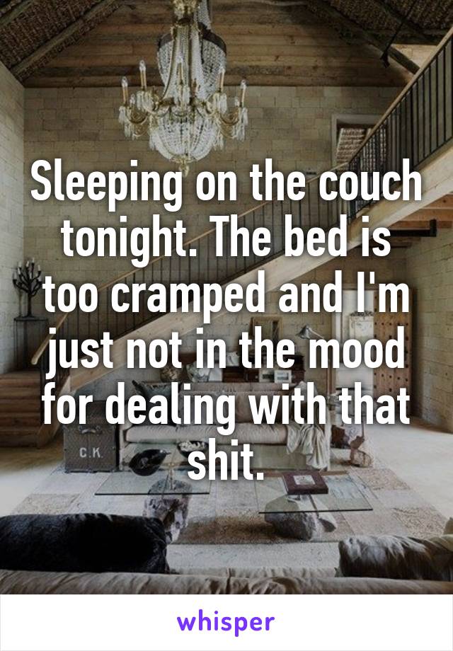 Sleeping on the couch tonight. The bed is too cramped and I'm just not in the mood for dealing with that shit.