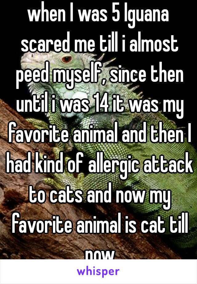 when I was 5 Iguana scared me till i almost peed myself, since then until i was 14 it was my favorite animal and then I had kind of allergic attack to cats and now my favorite animal is cat till now