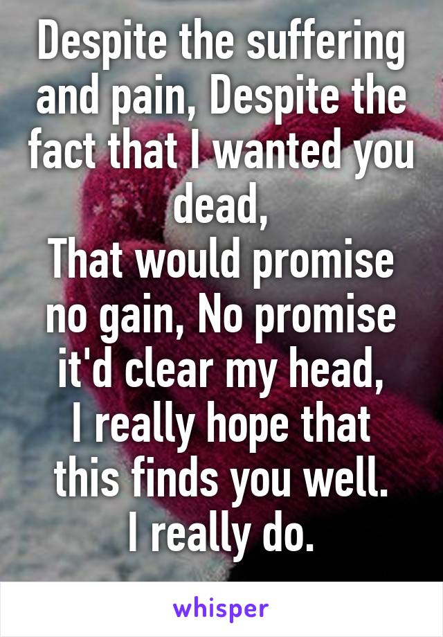 Despite the suffering and pain, Despite the fact that I wanted you dead,
That would promise no gain, No promise it'd clear my head,
I really hope that this finds you well.
I really do.
