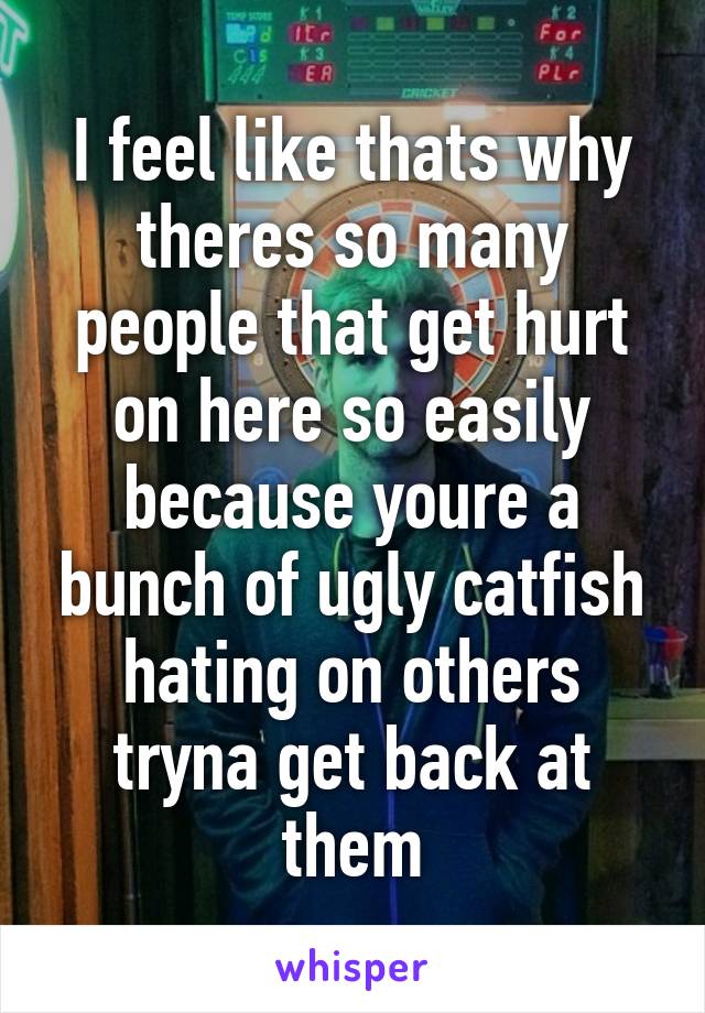 I feel like thats why theres so many people that get hurt on here so easily because youre a bunch of ugly catfish hating on others tryna get back at them