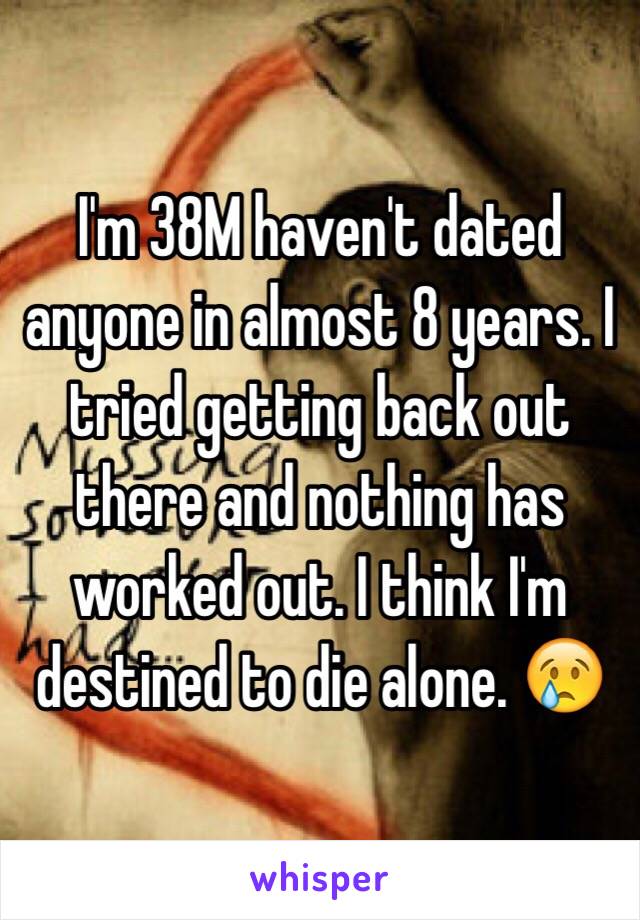 I'm 38M haven't dated anyone in almost 8 years. I tried getting back out there and nothing has worked out. I think I'm destined to die alone. 😢