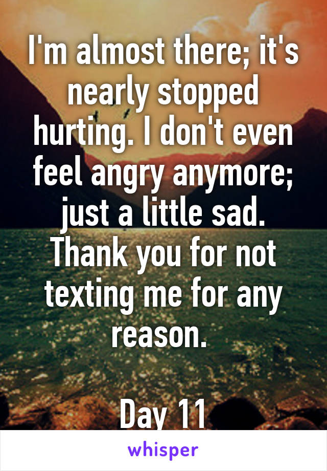 I'm almost there; it's nearly stopped hurting. I don't even feel angry anymore; just a little sad. Thank you for not texting me for any reason. 

Day 11