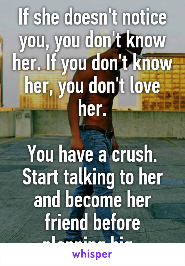 If she doesn't notice you, you don't know her. If you don't know her, you don't love her.

You have a crush. Start talking to her and become her friend before planning big. 