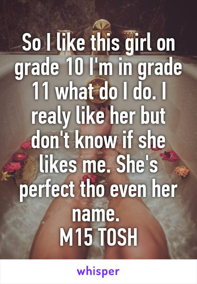 So I like this girl on grade 10 I'm in grade 11 what do I do. I realy like her but don't know if she likes me. She's perfect tho even her name. 
M15 TOSH