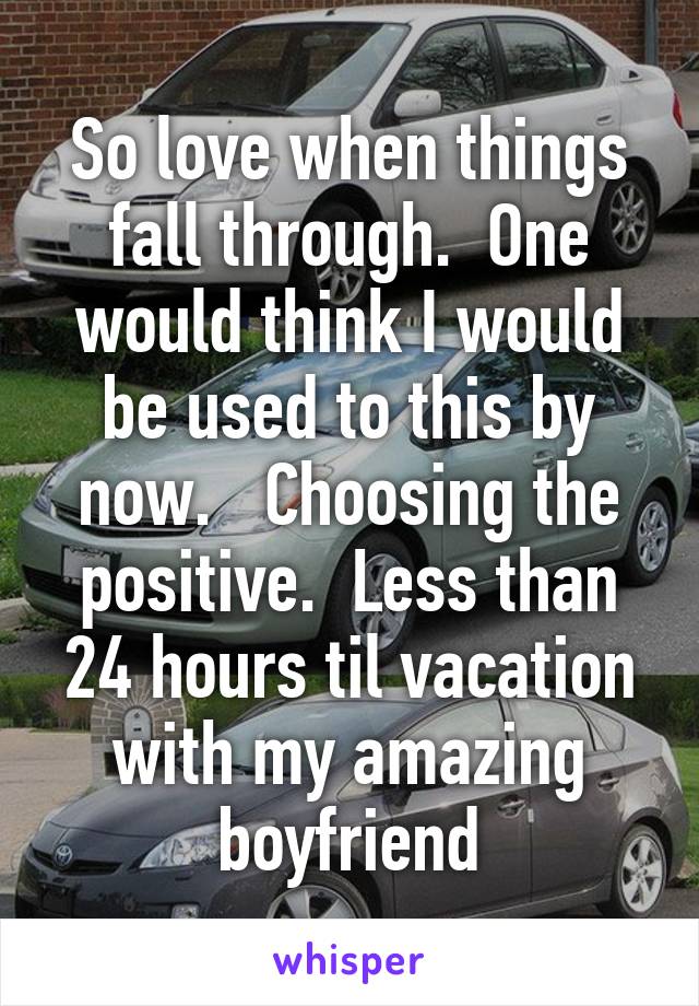 So love when things fall through.  One would think I would be used to this by now.   Choosing the positive.  Less than 24 hours til vacation with my amazing boyfriend