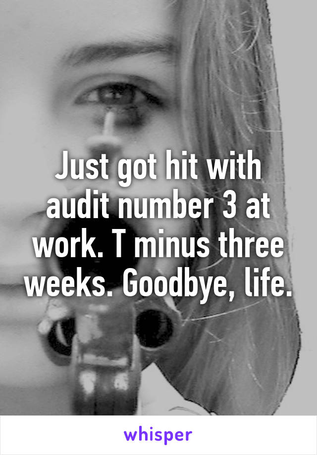 Just got hit with audit number 3 at work. T minus three weeks. Goodbye, life.