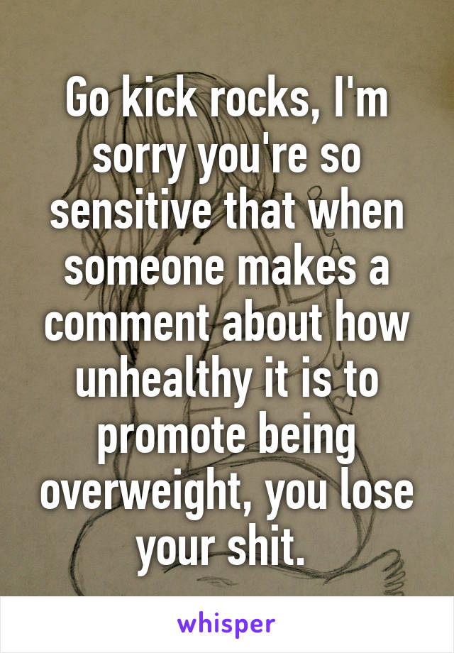 Go kick rocks, I'm sorry you're so sensitive that when someone makes a comment about how unhealthy it is to promote being overweight, you lose your shit. 