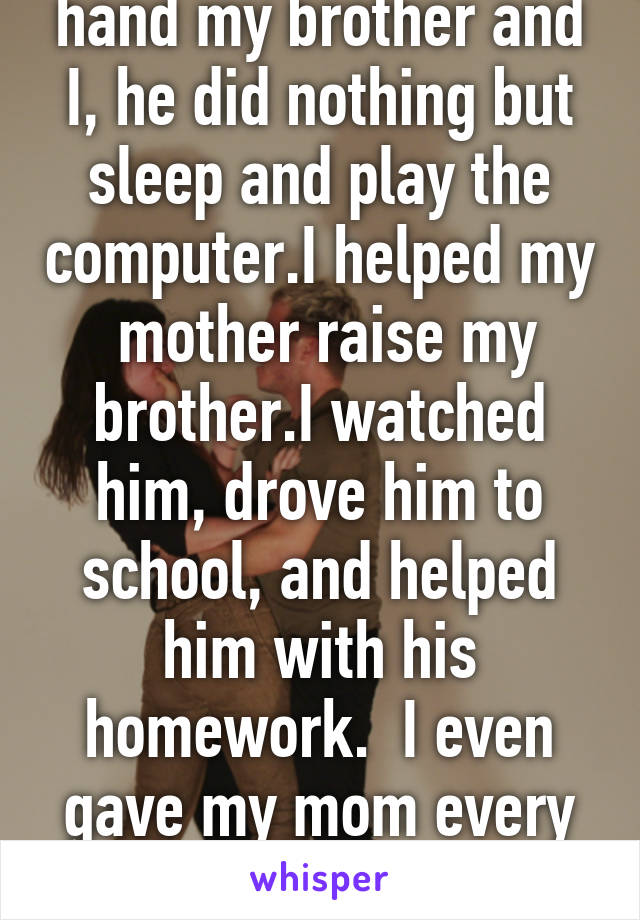 My dad never laid a hand my brother and I, he did nothing but sleep and play the computer.I helped my  mother raise my brother.I watched him, drove him to school, and helped him with his homework.  I even gave my mom every one of my pay checks 