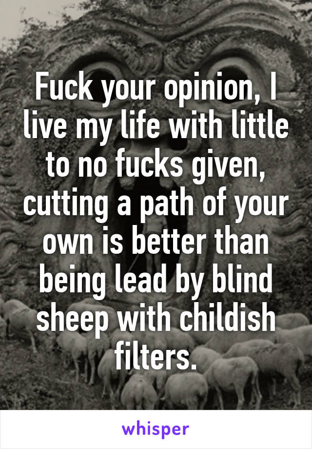 Fuck your opinion, I live my life with little to no fucks given, cutting a path of your own is better than being lead by blind sheep with childish filters.