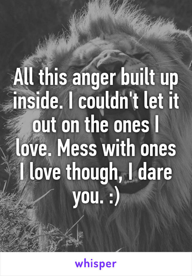 All this anger built up inside. I couldn't let it out on the ones I love. Mess with ones I love though, I dare you. :)