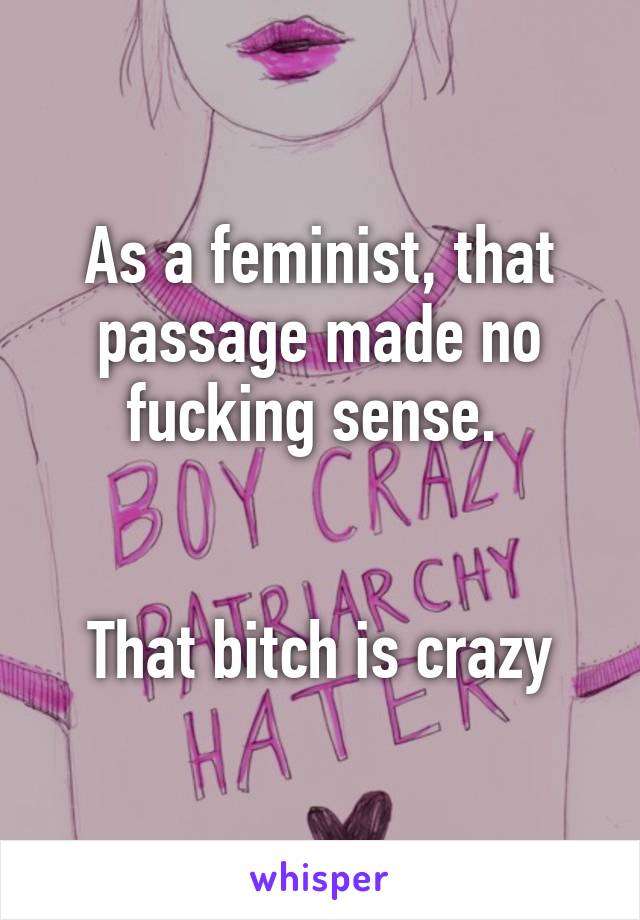 As a feminist, that passage made no fucking sense. 


That bitch is crazy