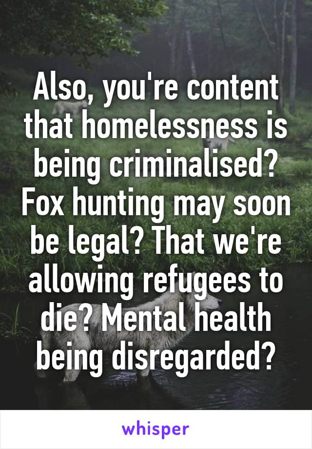 Also, you're content that homelessness is being criminalised? Fox hunting may soon be legal? That we're allowing refugees to die? Mental health being disregarded?