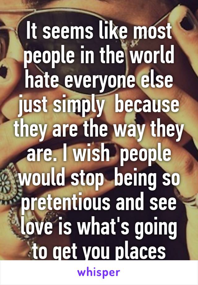 It seems like most people in the world hate everyone else just simply  because they are the way they are. I wish  people would stop  being so pretentious and see love is what's going to get you places