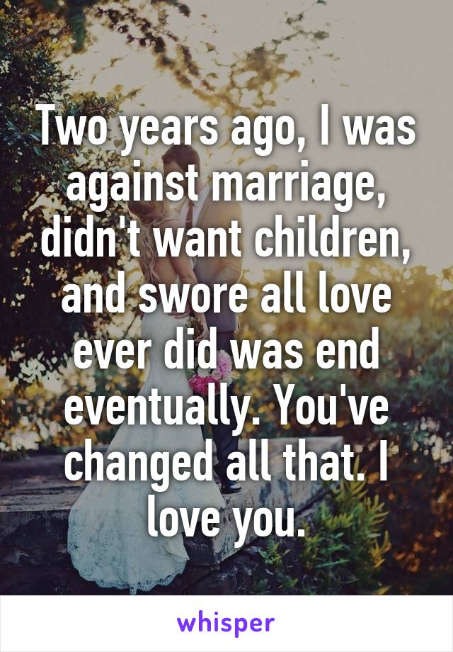 Two years ago, I was against marriage, didn't want children, and swore all love ever did was end eventually. You've changed all that. I love you.