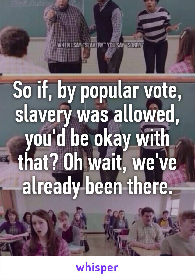 So if, by popular vote, slavery was allowed, you'd be okay with that? Oh wait, we've already been there.