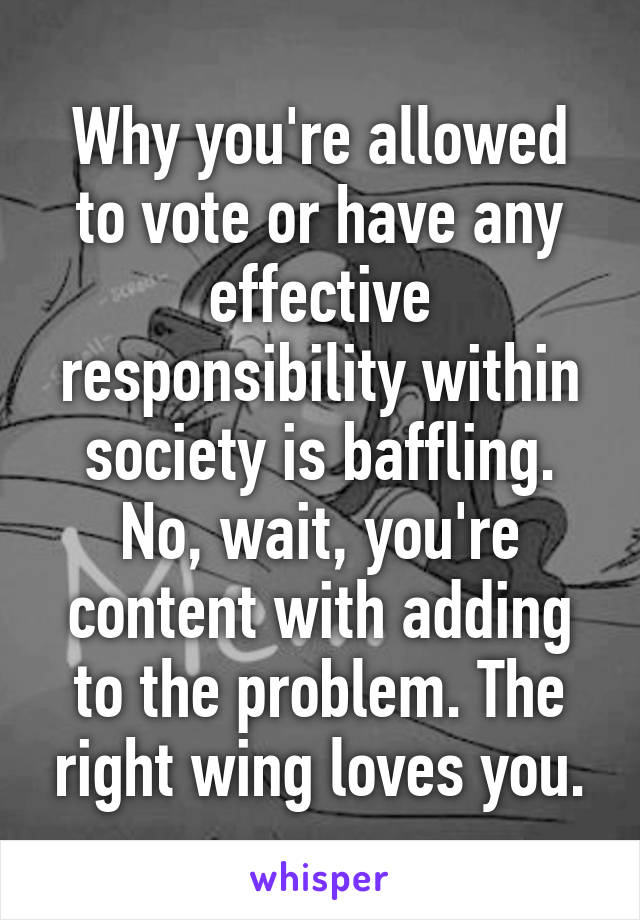 Why you're allowed to vote or have any effective responsibility within society is baffling. No, wait, you're content with adding to the problem. The right wing loves you.