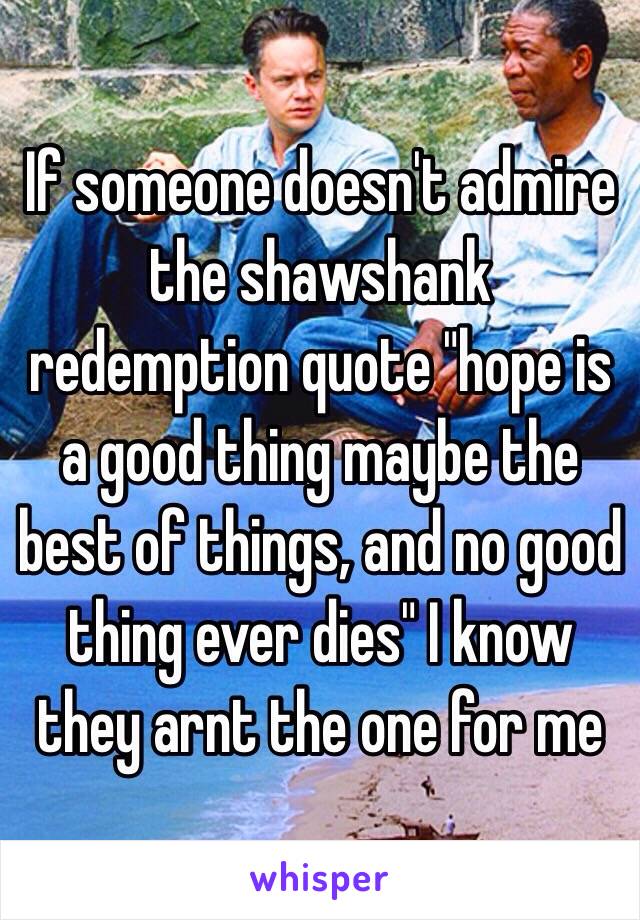 If someone doesn't admire the shawshank redemption quote "hope is a good thing maybe the best of things, and no good thing ever dies" I know they arnt the one for me