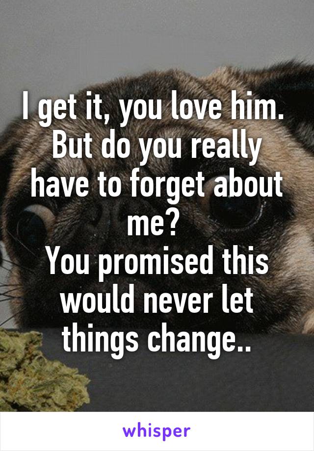 I get it, you love him. 
But do you really have to forget about me? 
You promised this would never let things change..