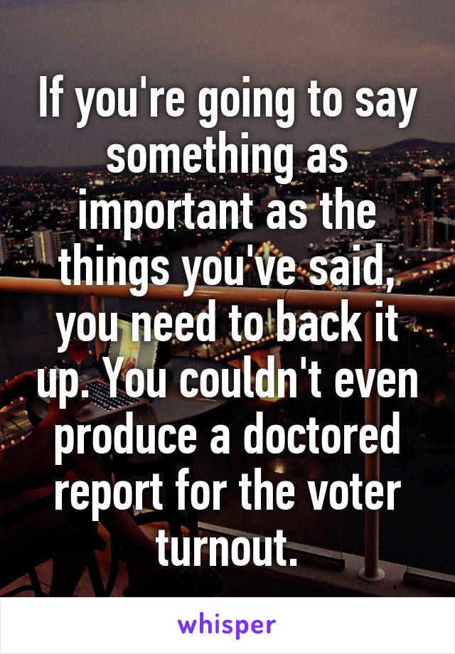 If you're going to say something as important as the things you've said, you need to back it up. You couldn't even produce a doctored report for the voter turnout.