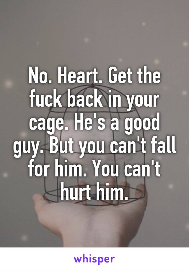 No. Heart. Get the fuck back in your cage. He's a good guy. But you can't fall for him. You can't hurt him.