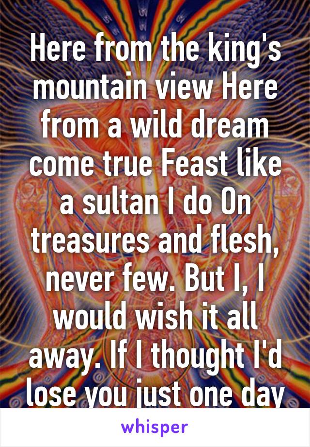 Here from the king's mountain view Here from a wild dream come true Feast like a sultan I do On treasures and flesh, never few. But I, I would wish it all away. If I thought I'd lose you just one day