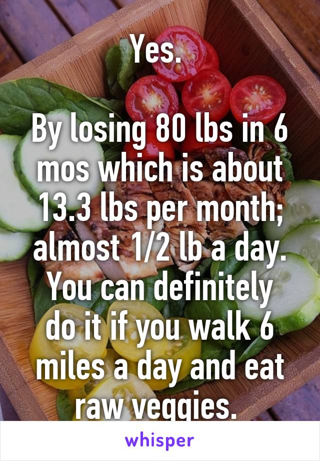 Yes. 

By losing 80 lbs in 6 mos which is about 13.3 lbs per month; almost 1/2 lb a day.
You can definitely do it if you walk 6 miles a day and eat raw veggies. 