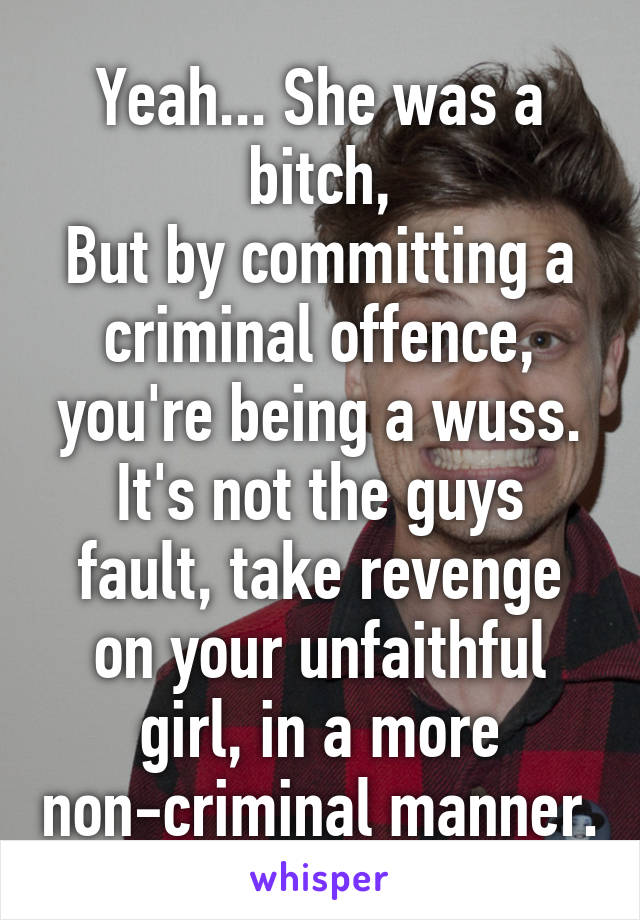 Yeah... She was a bitch,
But by committing a criminal offence, you're being a wuss.
It's not the guys fault, take revenge on your unfaithful girl, in a more non-criminal manner.