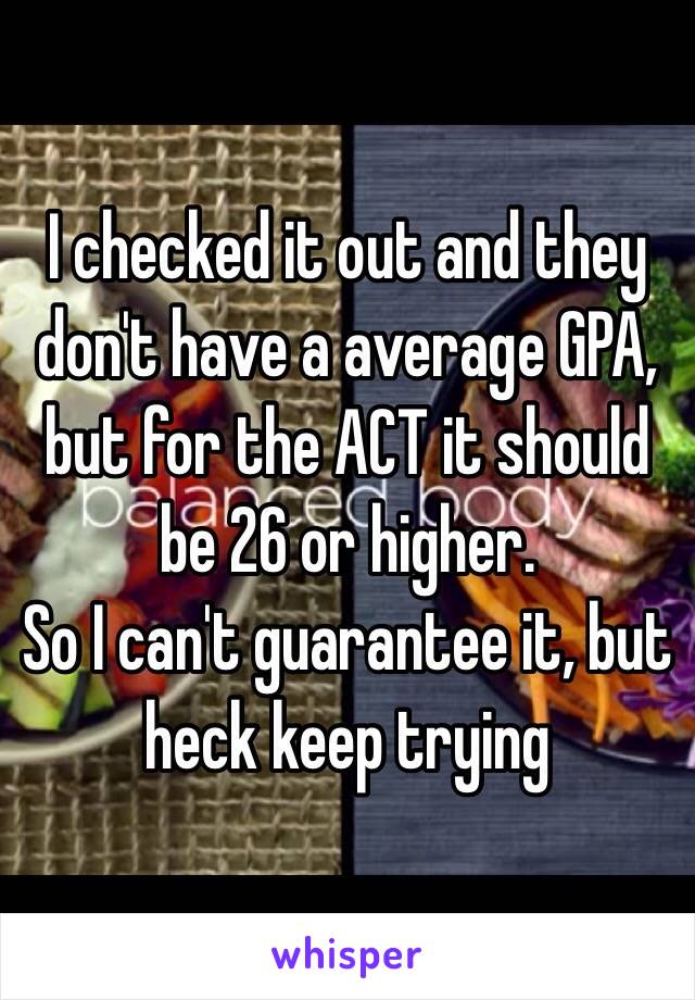 I checked it out and they don't have a average GPA, but for the ACT it should be 26 or higher. 
So I can't guarantee it, but heck keep trying 