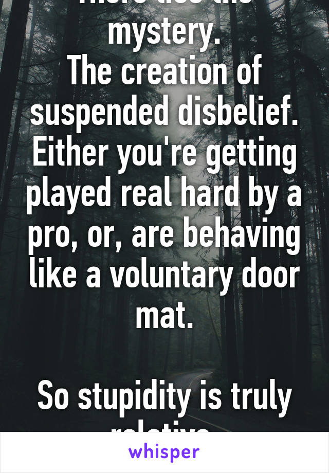 There lies the mystery.
The creation of suspended disbelief.
Either you're getting played real hard by a pro, or, are behaving like a voluntary door mat.

So stupidity is truly relative.
IMO. :) 