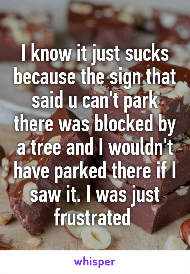 I know it just sucks because the sign that said u can't park there was blocked by a tree and I wouldn't have parked there if I saw it. I was just frustrated 