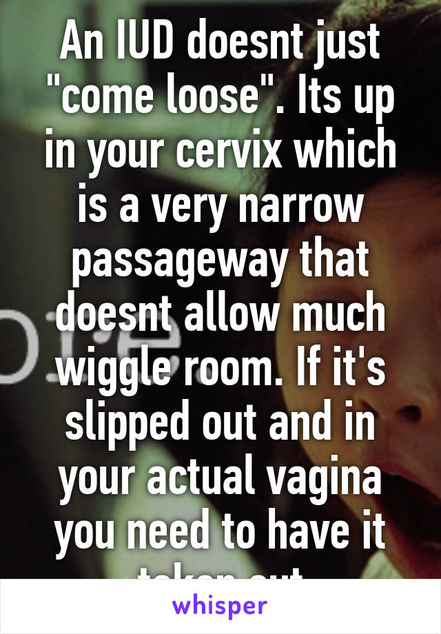 An IUD doesnt just "come loose". Its up in your cervix which is a very narrow passageway that doesnt allow much wiggle room. If it's slipped out and in your actual vagina you need to have it taken out