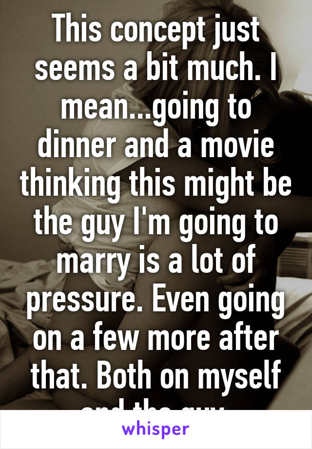 This concept just seems a bit much. I mean...going to dinner and a movie thinking this might be the guy I'm going to marry is a lot of pressure. Even going on a few more after that. Both on myself and the guy.