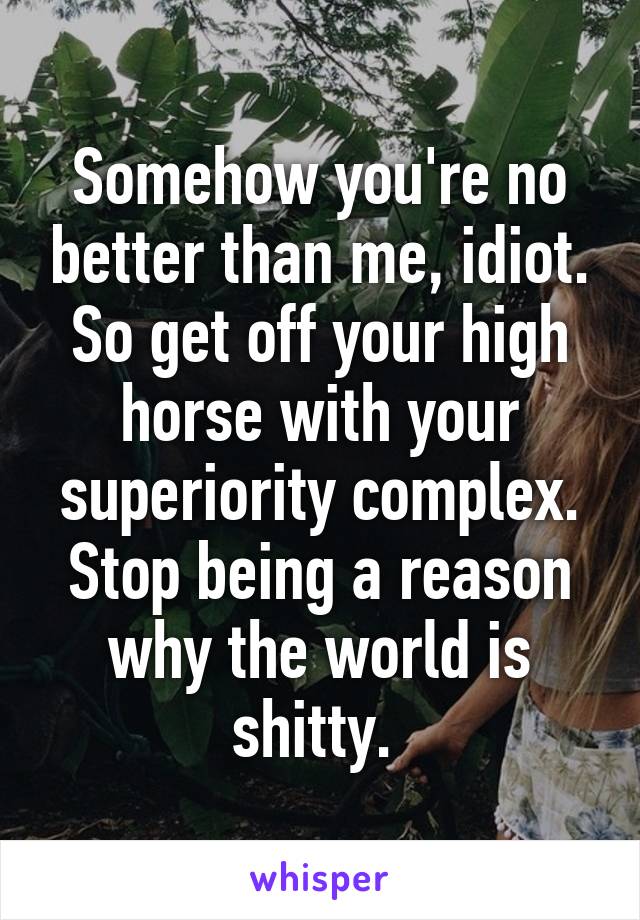 Somehow you're no better than me, idiot. So get off your high horse with your superiority complex. Stop being a reason why the world is shitty. 