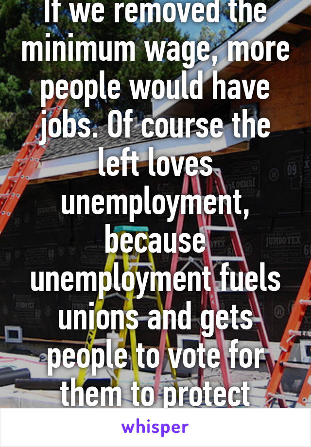 If we removed the minimum wage, more people would have jobs. Of course the left loves unemployment, because unemployment fuels unions and gets people to vote for them to protect welfare handouts