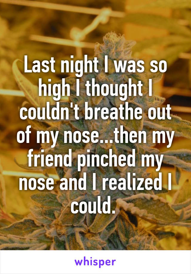 Last night I was so high I thought I couldn't breathe out of my nose...then my friend pinched my nose and I realized I could. 
