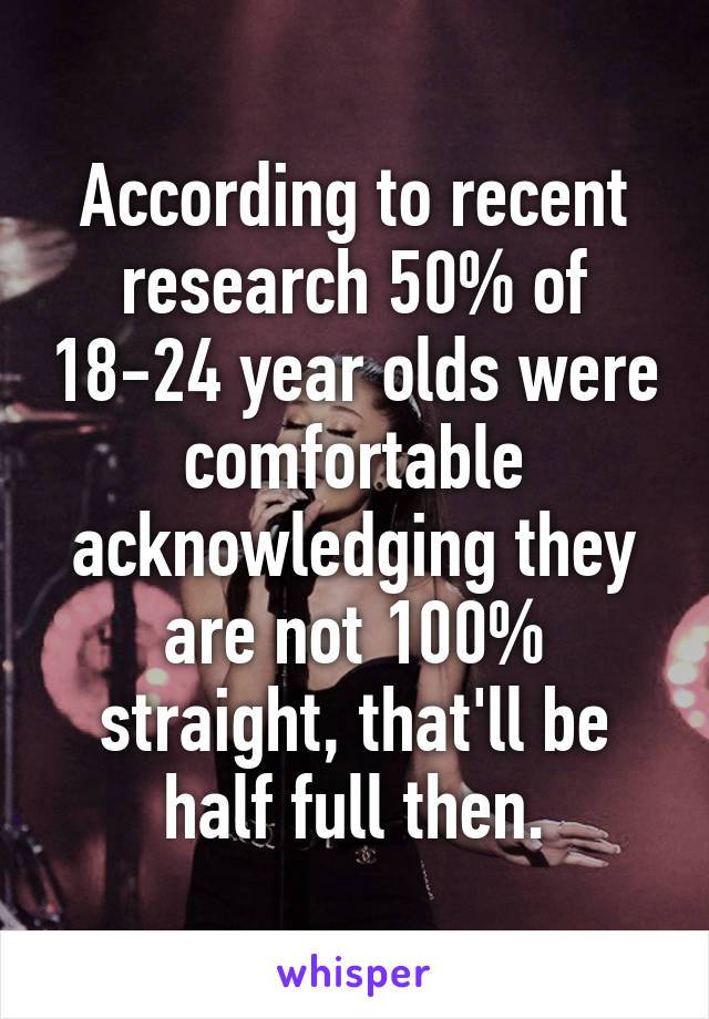 According to recent research 50% of 18-24 year olds were comfortable acknowledging they are not 100% straight, that'll be half full then.