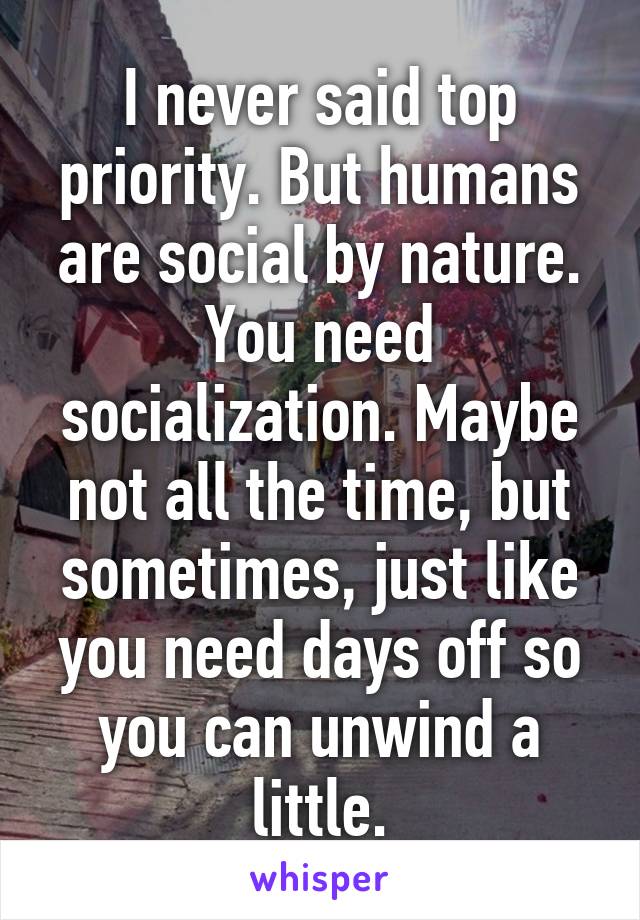 I never said top priority. But humans are social by nature. You need socialization. Maybe not all the time, but sometimes, just like you need days off so you can unwind a little.