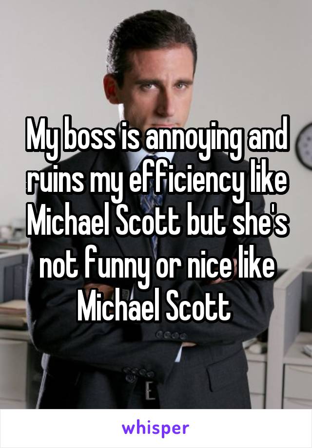 My boss is annoying and ruins my efficiency like Michael Scott but she's not funny or nice like Michael Scott 