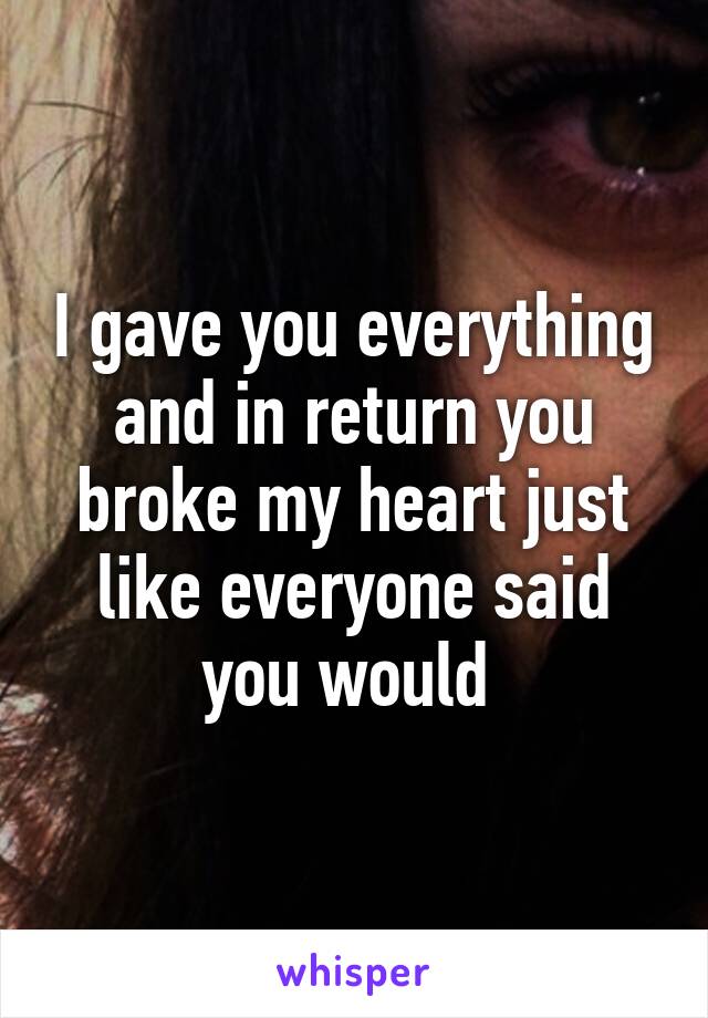 I gave you everything and in return you broke my heart just like everyone said you would 
