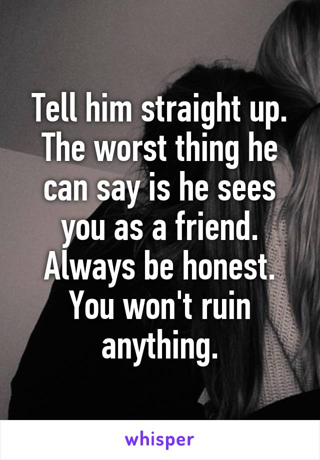 Tell him straight up. The worst thing he can say is he sees you as a friend. Always be honest. You won't ruin anything.