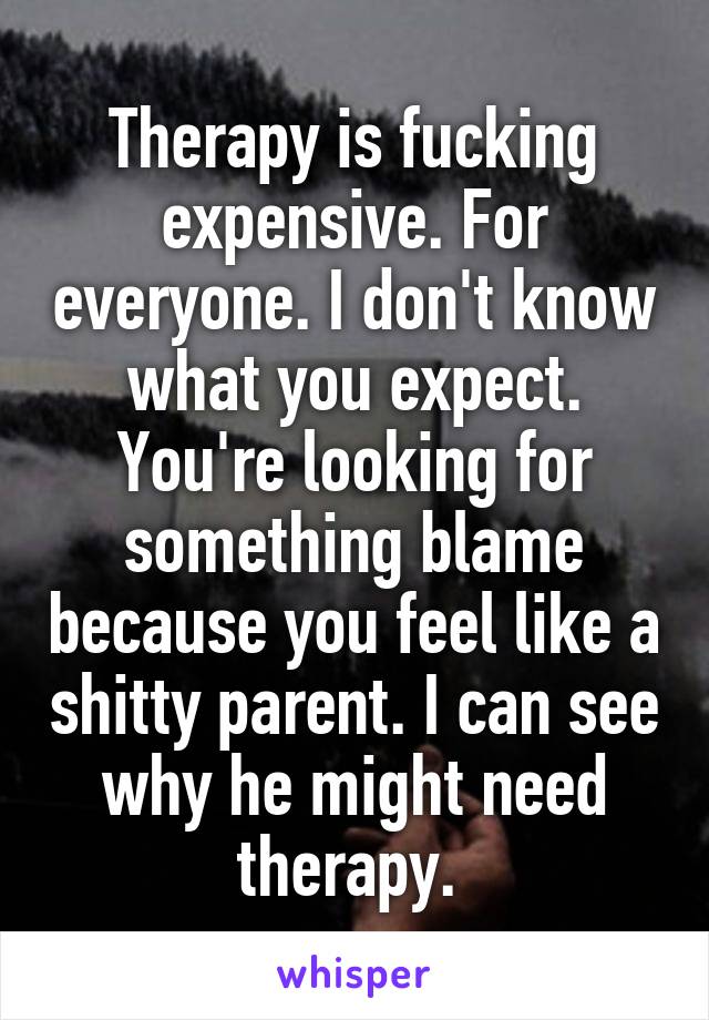 Therapy is fucking expensive. For everyone. I don't know what you expect. You're looking for something blame because you feel like a shitty parent. I can see why he might need therapy. 