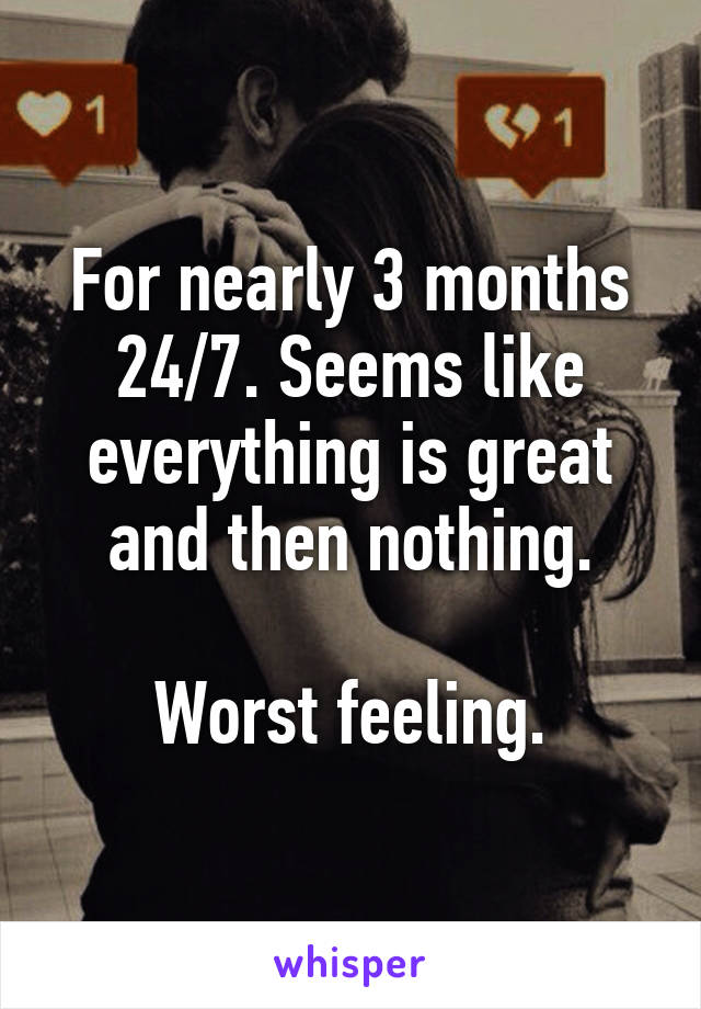 For nearly 3 months 24/7. Seems like everything is great and then nothing.

Worst feeling.