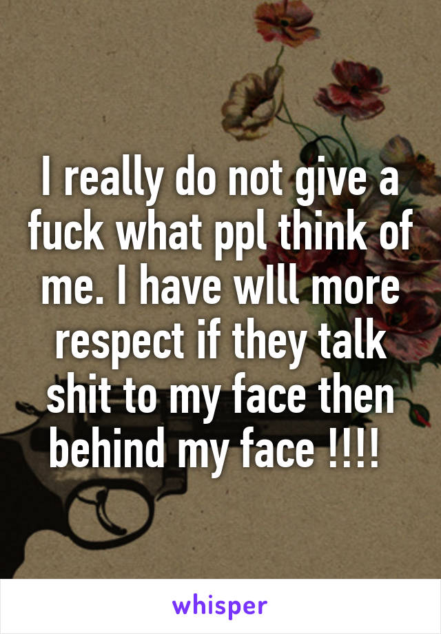 I really do not give a fuck what ppl think of me. I have wIll more respect if they talk shit to my face then behind my face !!!! 