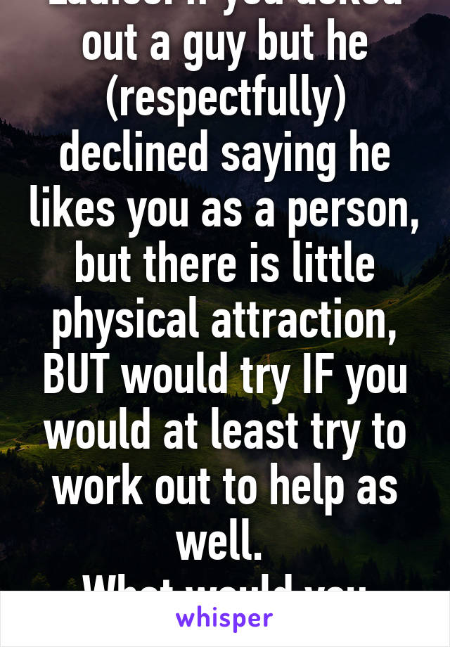 Ladies: if you asked out a guy but he (respectfully) declined saying he likes you as a person, but there is little physical attraction, BUT would try IF you would at least try to work out to help as well. 
What would you say? 