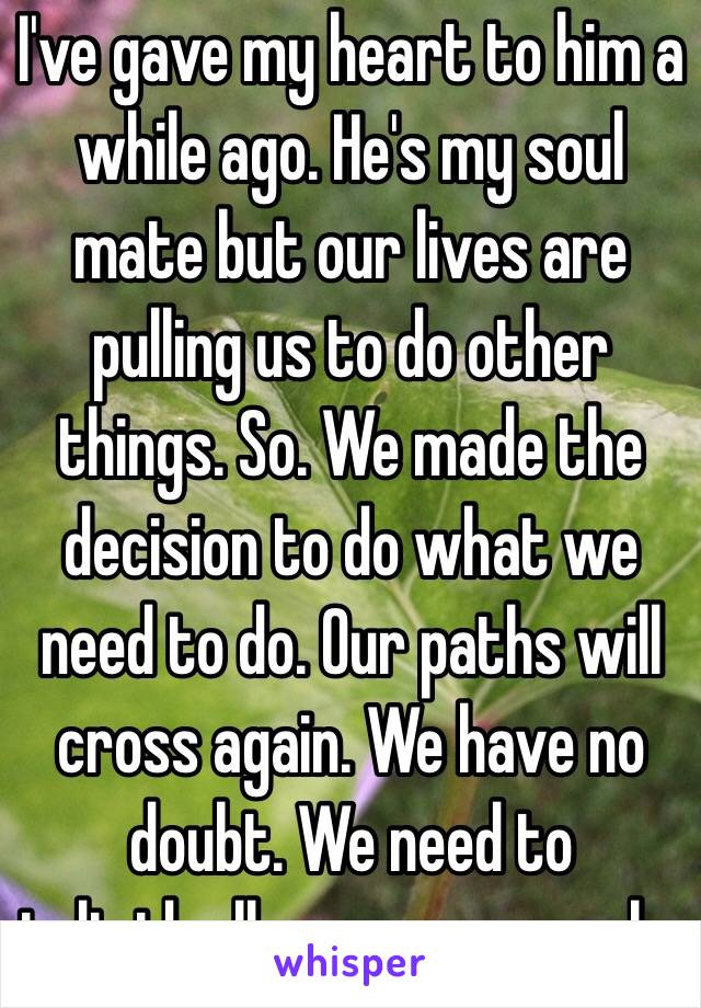 I've gave my heart to him a while ago. He's my soul mate but our lives are pulling us to do other things. So. We made the decision to do what we need to do. Our paths will cross again. We have no doubt. We need to individually grow our souls. 