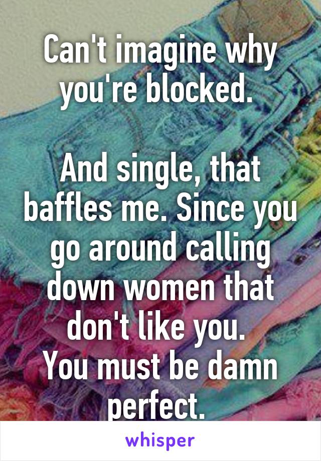Can't imagine why you're blocked. 

And single, that baffles me. Since you go around calling down women that don't like you. 
You must be damn perfect. 