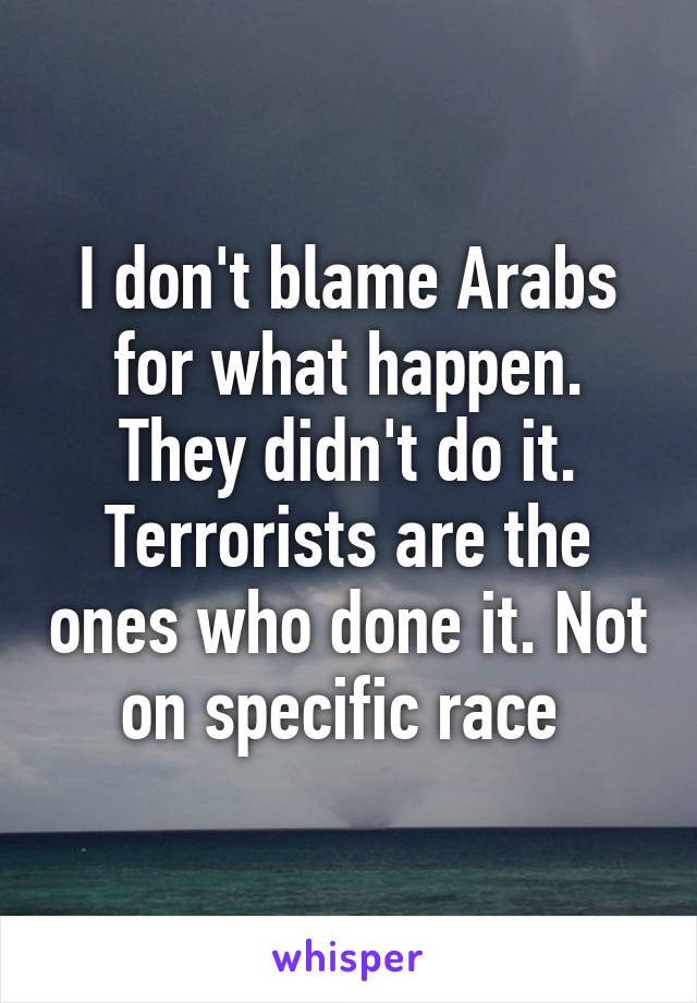 I don't blame Arabs for what happen. They didn't do it. Terrorists are the ones who done it. Not on specific race 