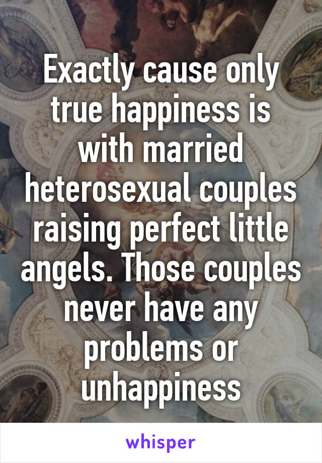 Exactly cause only true happiness is with married heterosexual couples raising perfect little angels. Those couples never have any problems or unhappiness