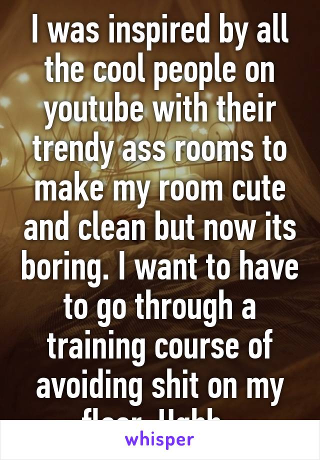 I was inspired by all the cool people on youtube with their trendy ass rooms to make my room cute and clean but now its boring. I want to have to go through a training course of avoiding shit on my floor. Ughh. 